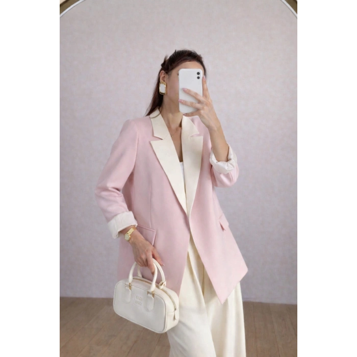 KADIN GARNİLİ BLAZER TAKIM BKREM PANTOLON PALAZZO CEKET