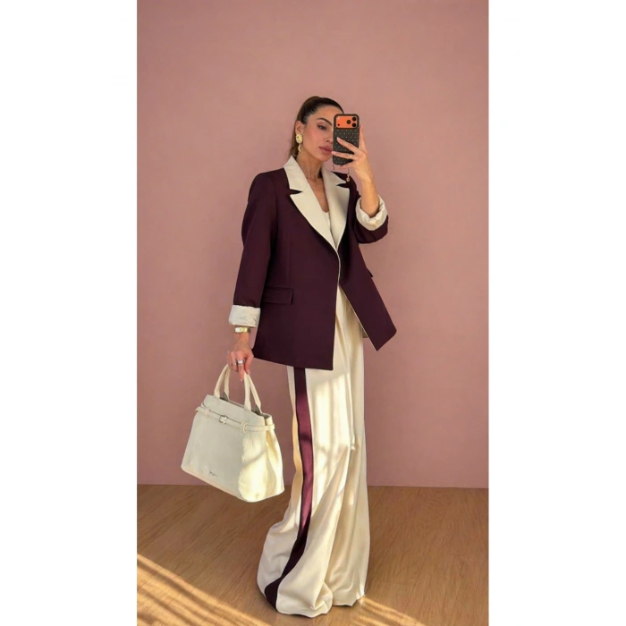 KADIN GARNİLİ BLAZER TAKIM BKREM PANTOLON PALAZZO CEKET