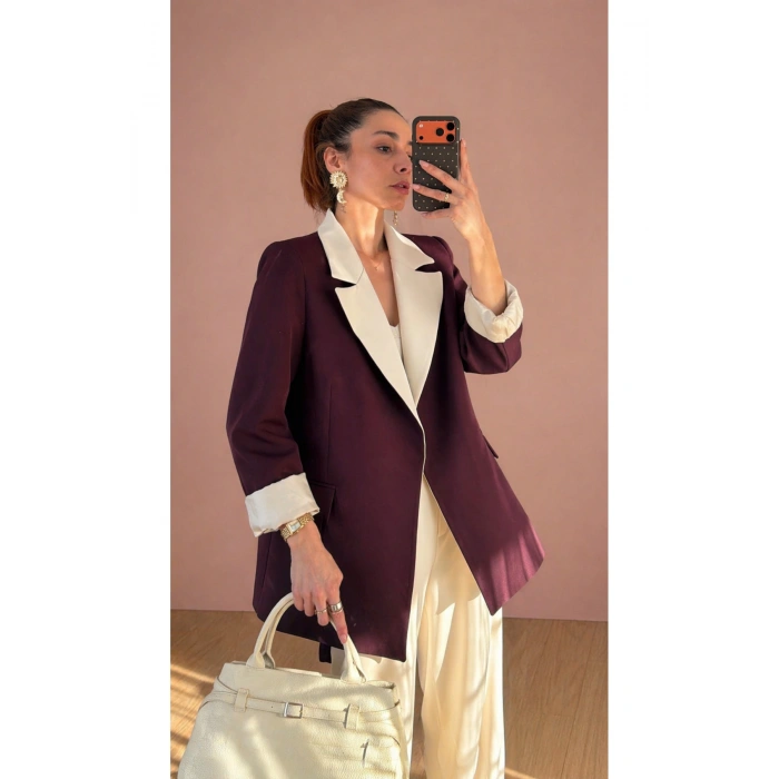 KADIN GARNİLİ BLAZER TAKIM BKREM PANTOLON PALAZZO CEKET