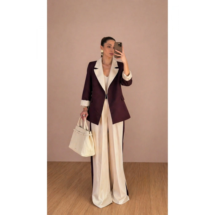 KADIN GARNİLİ BLAZER TAKIM BKREM PANTOLON PALAZZO CEKET