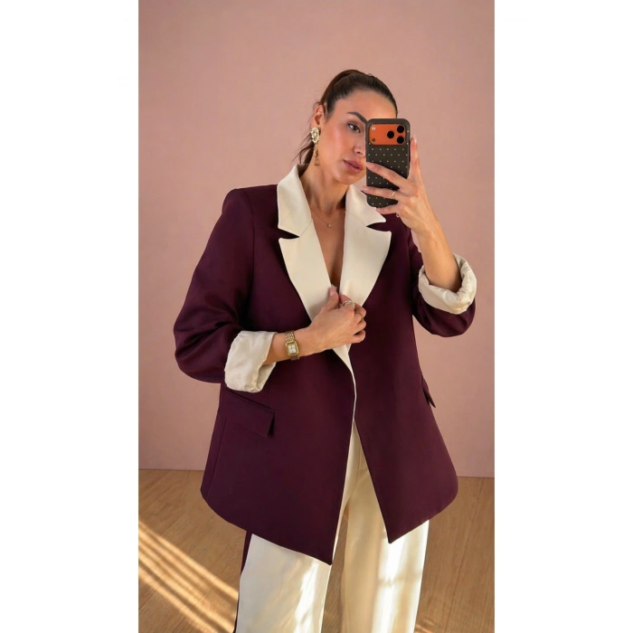 KADIN GARNİLİ BLAZER TAKIM BKREM PANTOLON PALAZZO CEKET