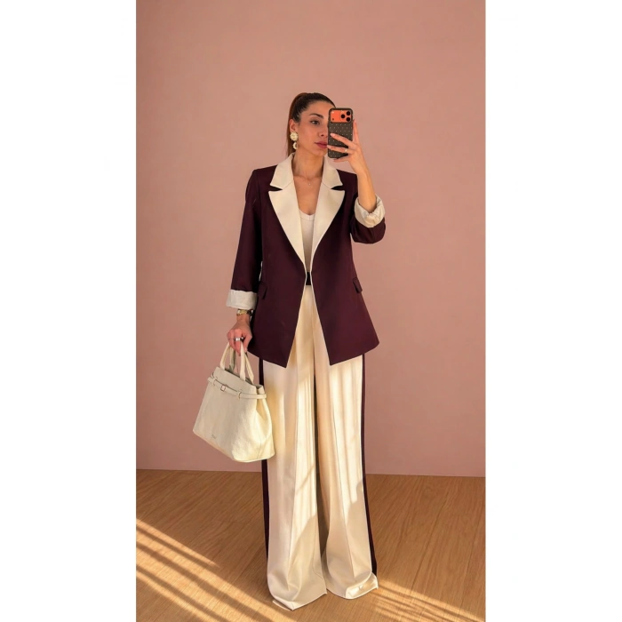 KADIN GARNİLİ BLAZER TAKIM BKREM PANTOLON PALAZZO CEKET