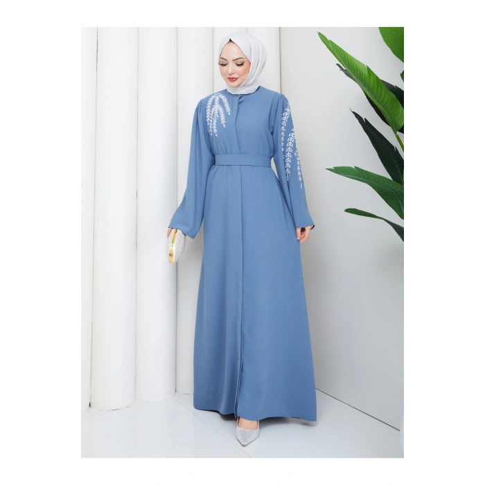 TAŞLİ ABAYA TESETTÜR GIYIM KADIN FERACE ELBISE MAVİ