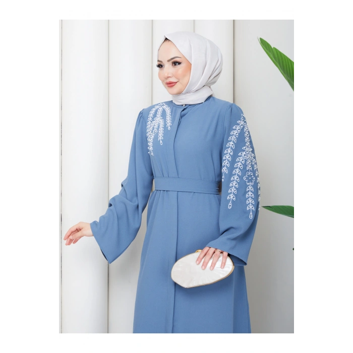 TAŞLİ ABAYA TESETTÜR GIYIM KADIN FERACE ELBISE MAVİ