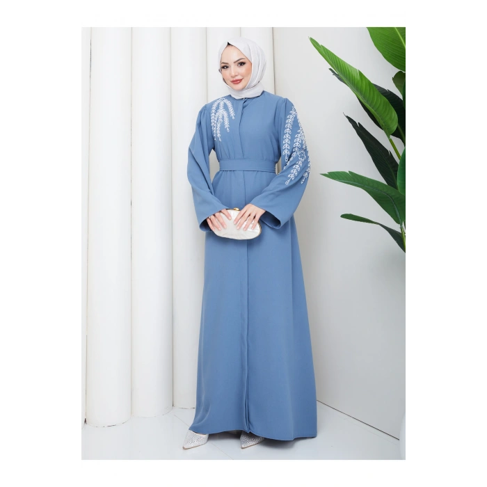 TAŞLİ ABAYA TESETTÜR GIYIM KADIN FERACE ELBISE MAVİ