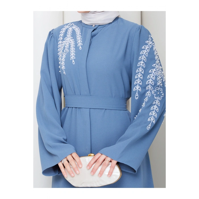 TAŞLİ ABAYA TESETTÜR GIYIM KADIN FERACE ELBISE MAVİ