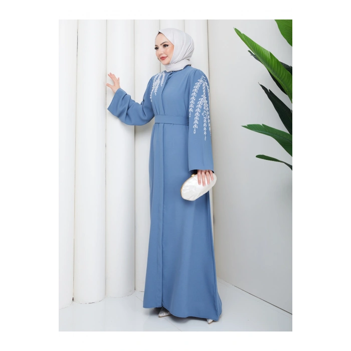 TAŞLİ ABAYA TESETTÜR GIYIM KADIN FERACE ELBISE MAVİ