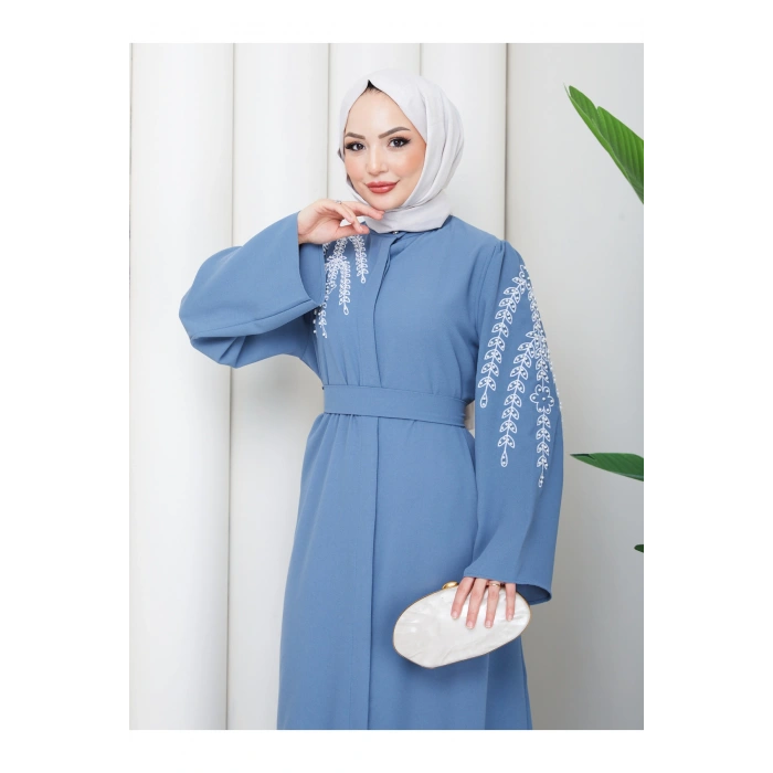 TAŞLİ ABAYA TESETTÜR GIYIM KADIN FERACE ELBISE MAVİ