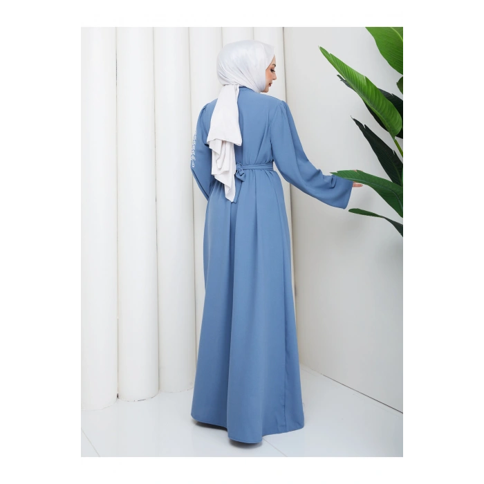 TAŞLİ ABAYA TESETTÜR GIYIM KADIN FERACE ELBISE MAVİ