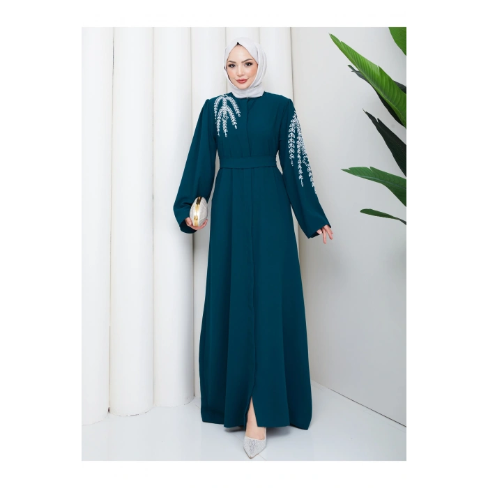 TAŞLİ ABAYA TESETTÜR GIYIM KADIN FERACE ELBISE ZÜMRÜT