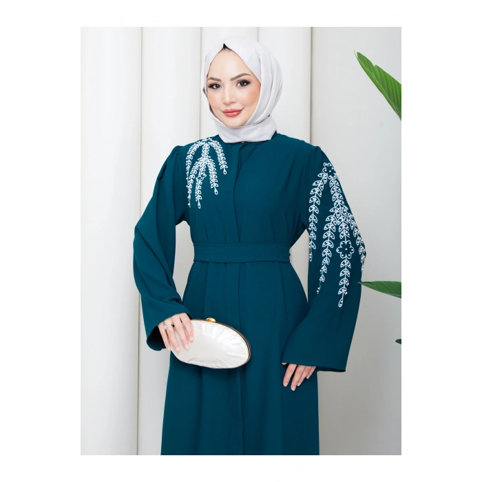 TAŞLİ ABAYA TESETTÜR GIYIM KADIN FERACE ELBISE ZÜMRÜT