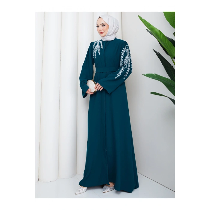 TAŞLİ ABAYA TESETTÜR GIYIM KADIN FERACE ELBISE ZÜMRÜT