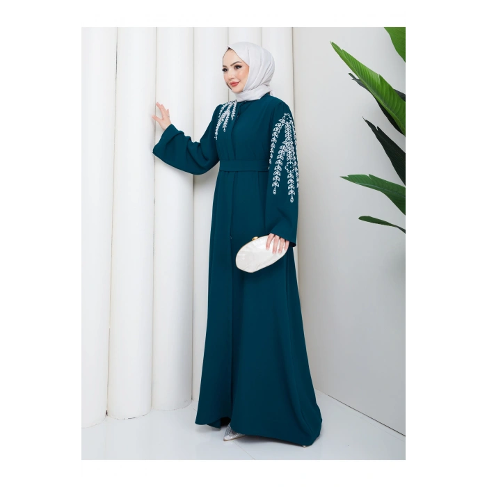 TAŞLİ ABAYA TESETTÜR GIYIM KADIN FERACE ELBISE ZÜMRÜT