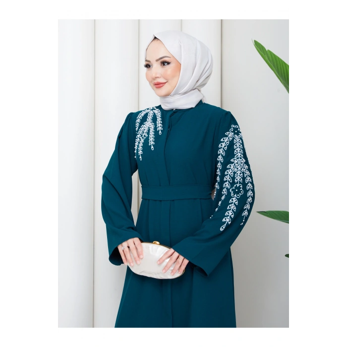 TAŞLİ ABAYA TESETTÜR GIYIM KADIN FERACE ELBISE ZÜMRÜT