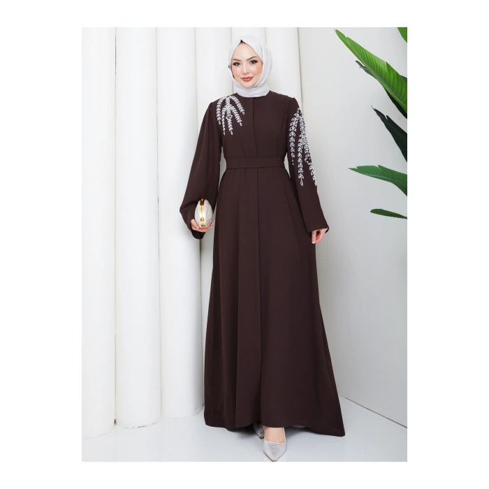 TAŞLİ ABAYA TESETTÜR GIYIM KADIN FERACE ELBISE KAHVE
