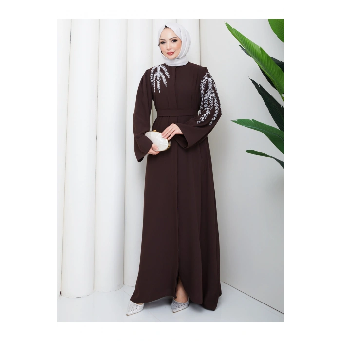 TAŞLİ ABAYA TESETTÜR GIYIM KADIN FERACE ELBISE KAHVE