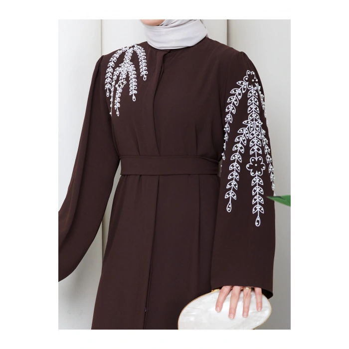 TAŞLİ ABAYA TESETTÜR GIYIM KADIN FERACE ELBISE KAHVE