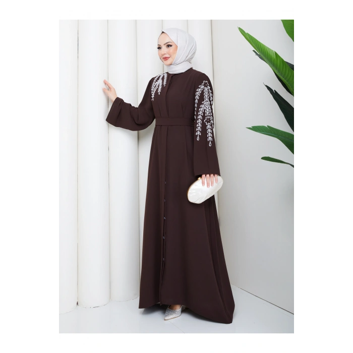 TAŞLİ ABAYA TESETTÜR GIYIM KADIN FERACE ELBISE KAHVE