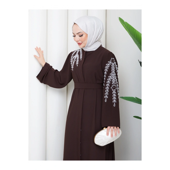 TAŞLİ ABAYA TESETTÜR GIYIM KADIN FERACE ELBISE KAHVE