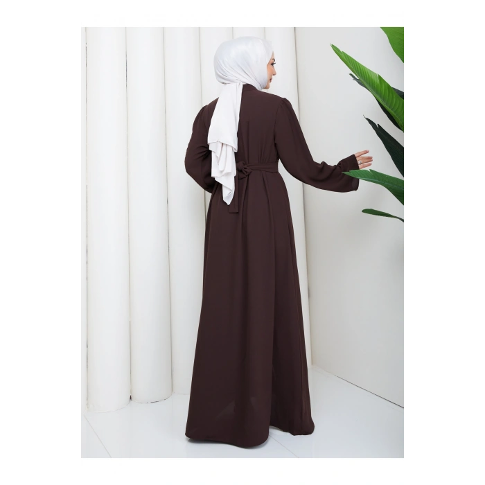 TAŞLİ ABAYA TESETTÜR GIYIM KADIN FERACE ELBISE KAHVE