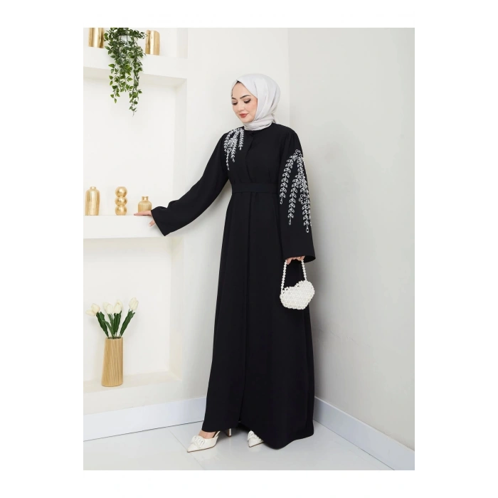 TAŞLİ ABAYA TESETTÜR GIYIM KADIN FERACE ELBISE SİYAH