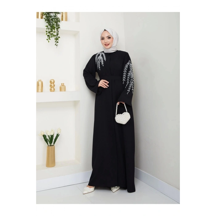 TAŞLİ ABAYA TESETTÜR GIYIM KADIN FERACE ELBISE SİYAH