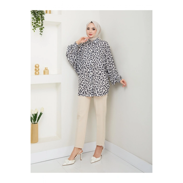 Leopar Desenli̇ Jesi̇ca Gömlek Standert Beden Uzun Kol  Si̇yah