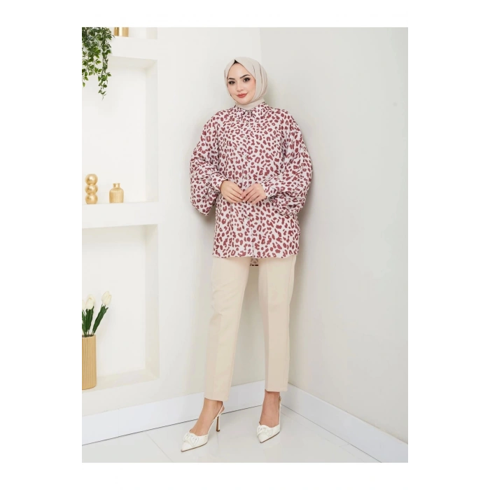 LEOPAR DESENLİ JESİCA GÖMLEK  UZUN KOL 2508 BORDO  38 BEDENDIR