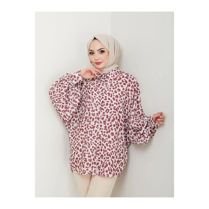 LEOPAR DESENLİ JESİCA GÖMLEK  UZUN KOL 2508 BORDO  38 BEDENDIR