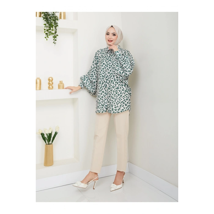 LEOPAR DESENLİ GÖMLEK UZUN KOL 2508 ZÜMRÜT 38 BEDEN