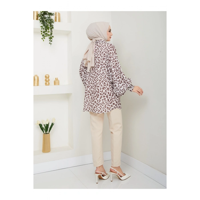 LEOPAR DESENLİ JESİCA GÖMLEK STANDERT BEDEN UZUN KOL 2508 KAHVE