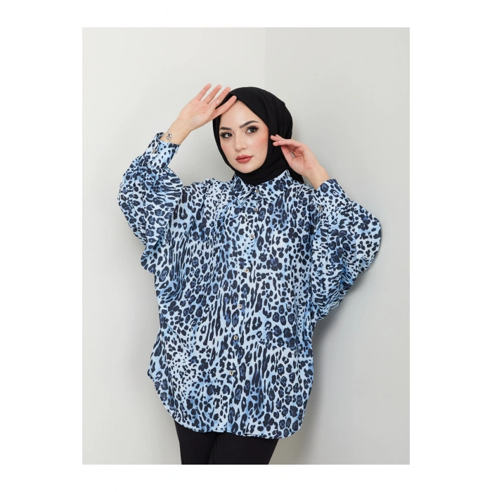 Leopar Desenli̇ Jesi̇ca Gömlek Standert Beden Uzun Kol 2508 Laci̇vert