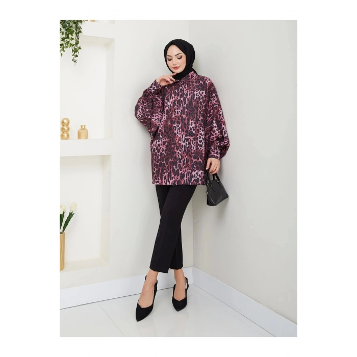 LEOPAR DESENLİ JESİCA GÖMLEK STANDERT BEDEN UZUN KOL 2508 KOYU BORDO