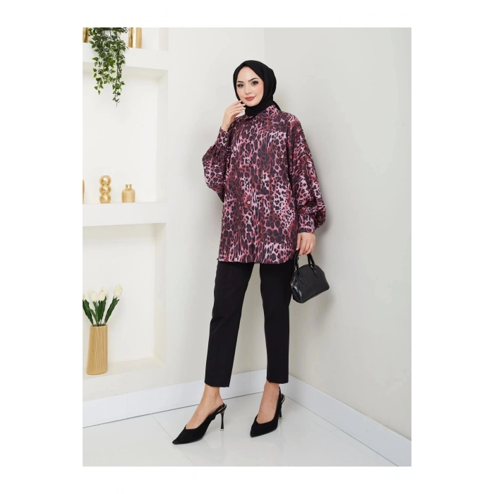 LEOPAR DESENLİ JESİCA GÖMLEK STANDERT BEDEN UZUN KOL 2508 KOYU BORDO