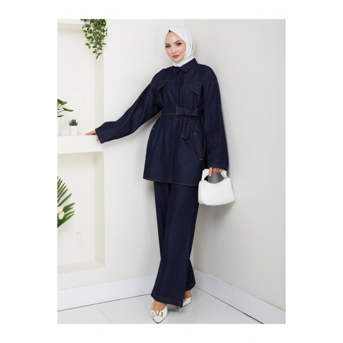 KADIN CEP DETAYLI KÜŞAKLI DENİM CEKET PANTALON TAKIM JEAN PREMİUM