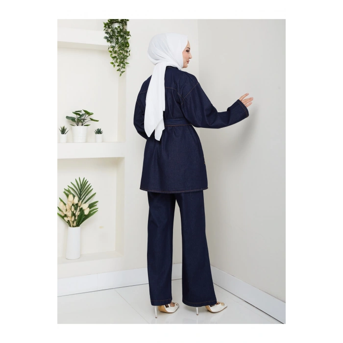 KADIN CEP DETAYLI KÜŞAKLI DENİM CEKET PANTALON TAKIM JEAN PREMİUM