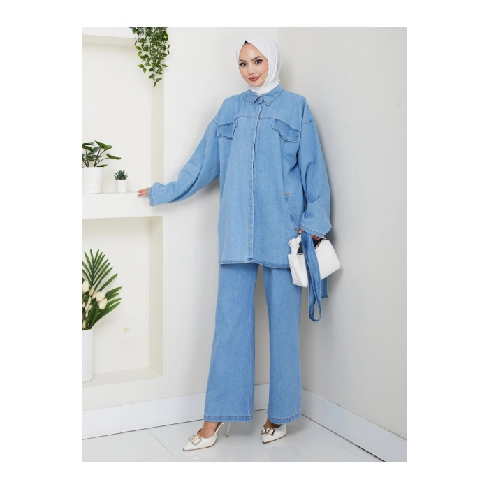 KADIN CEP DETAYLI KÜŞAKLI DENİM CEKET PANTALON TAKIM JEAN PREMİUM