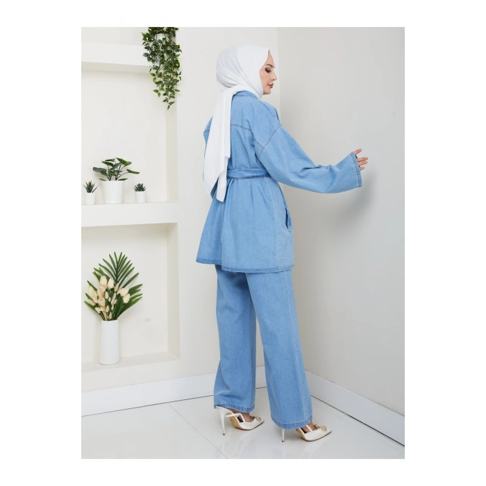 KADIN CEP DETAYLI KÜŞAKLI DENİM CEKET PANTALON TAKIM JEAN PREMİUM