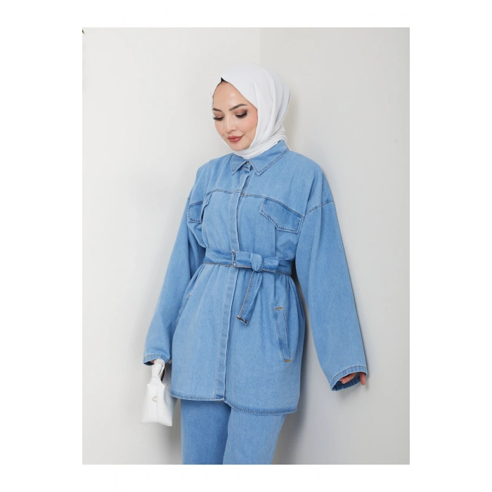 KADIN CEP DETAYLI KÜŞAKLI DENİM CEKET PANTALON TAKIM JEAN PREMİUM