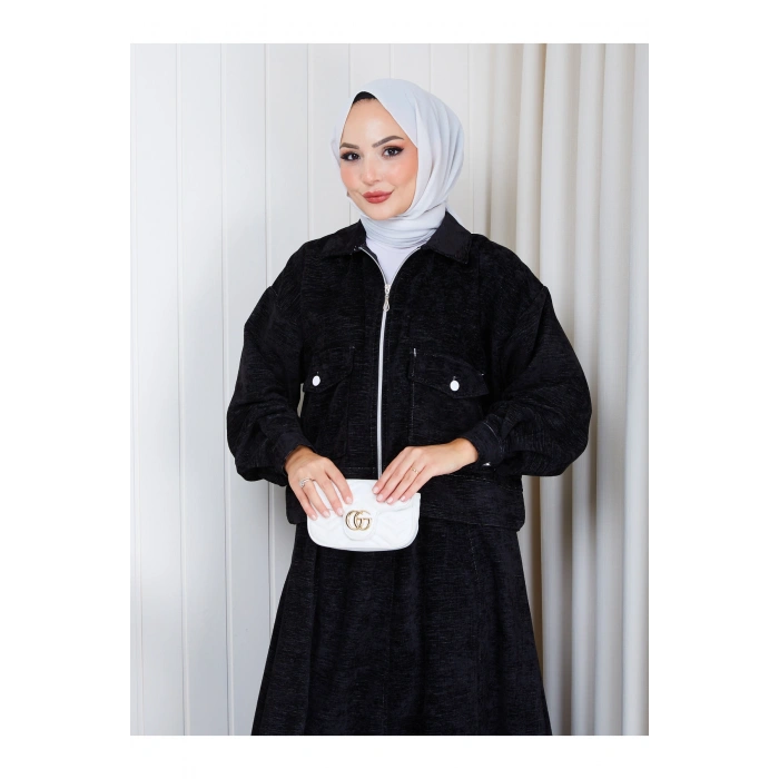 KADIN TESETTÜR KADİFE ETEKLI TAKIM CEPLI