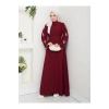 KOLU ÇİÇEK NAKIŞ DETAYLI TESETTÜR KADIN ABİYE ELBİSE BORDO