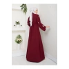 KOLU ÇİÇEK NAKIŞ DETAYLI TESETTÜR KADIN ABİYE ELBİSE BORDO