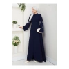 KOLU ÇİÇEK NAKIŞ DETAYLI TESETTÜR KADIN ABİYE ELBİSE LACİVERT
