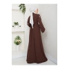 KOLU ÇİÇEK NAKIŞ DETAYLI TESETTÜR KADIN ABİYE ELBİSE KAHVE