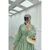 POPLİN KUMAŞ ÖNÜ NERVÜLLÜ BİYELİ ELBİSE MİNT