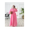 POPLİN KUMAŞ ÖNÜ NERVÜLLÜ BİYELİ ELBİSE PEMBE