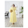 POPLİN KUMAŞ ÖNÜ NERVÜLLÜ BİYELİ ELBİSE SARI