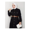 GOLD DÜĞMELİ CEPLI DERİ KEMERLİ SİYAH KOT ELBİSE TESETTÜR