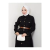 GOLD DÜĞMELİ CEPLI DERİ KEMERLİ SİYAH KOT ELBİSE TESETTÜR