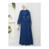 İNCİ DETAYLİ ABİYE FUL DÜĞME KAPATMA MAVİ KOT ELBİSE TESETTÜR